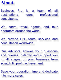 About   Business Pro is a team of all destinations tours professional consultants.  We serve travel agents and tour operators around the world  We provide B2B tours services and consultation worldwide  Our advisors answer your questions and queries instantly and support you in all stages of your business from scratch till profit achievement  Save your operation time and dedicate it to more sales